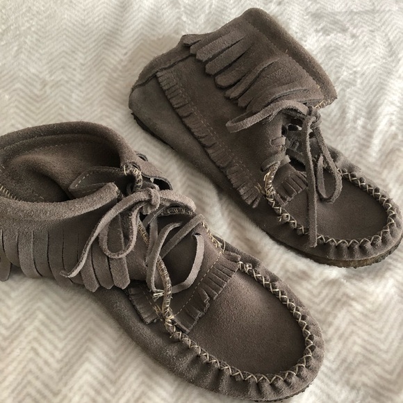 Taupe/ grey suede high top moccasin shoes/slippers, 6 - Picture 2 of 6